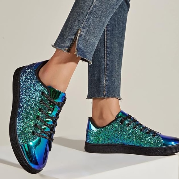 Glitter Shoes Sparkly Bling Shiny Bedazzled Lace up Fashion Sneakers for Women - Picture 4 of 5